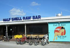 Bicycles parked out from of the popular Half Shell Raw Bar