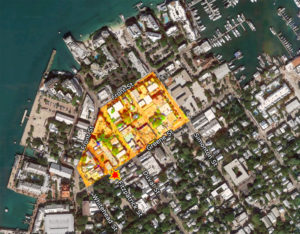 Aerial photo of Key West with areas affected by 1859 Fire highlighted