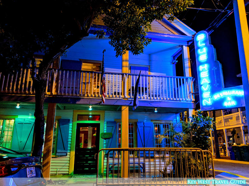 Blue Heaven under the glow neon at night in Bahama Village, Key West