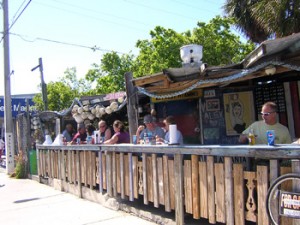 View of outdoor dining at the casual B.O.'s Fish Wagon on Caroline Street in Key West