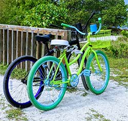 Colorful bikes parked at the beach