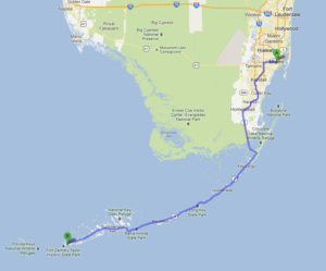 Map showing driving route from Miami to Key West, Florida