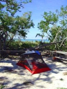 Tent campsite at the Dry Tortugas National Park with ocean nearby