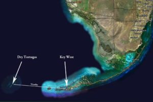 Satellite map showing Dry Tortugas in relation to Key West & the Florida Keys