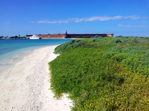 Nice beach, beautiful ocean at Dry Tortugas National Park with ferry in view