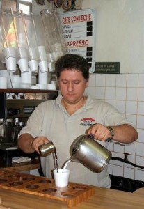 Eddie making cafe con leche at the popular coffee shop 5 Brothers