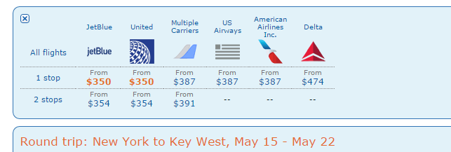Screen grab of flight costs vs other airlines to Key West
