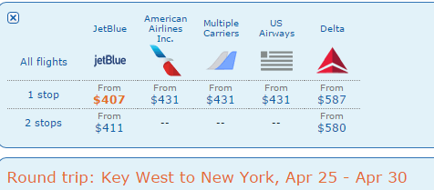 Another screen grab of flight costs to Key West on jetBlue vs others