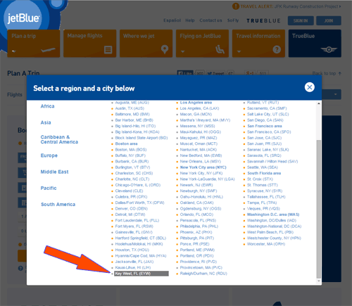 Snapshot from the jetBlue website showing Key West is now an option.