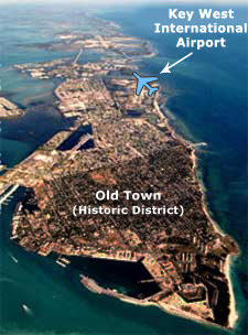 Aerial view of the island of Key West with airport labeled