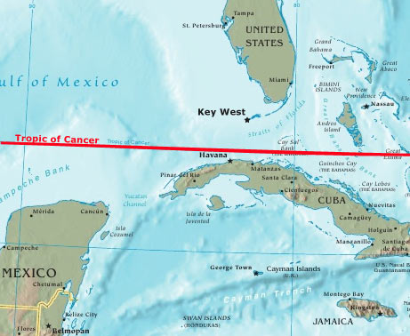 Map showing Key West's location in relation to the Tropic of Cancer