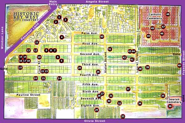 Map of Key West's unique and intriguing cemetery located in the heart of Old Town. (Click on the map to see a larger version)