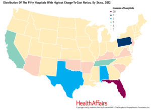 Map showing distribution of the 50 hostpitals with highest charge-to-cost ratios, by State, 2012