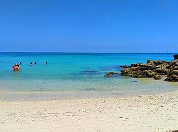 Sandy beach with blue ocean and swimmers in view