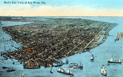 Vintage postcard with a bird's eye view of Key West, Fla