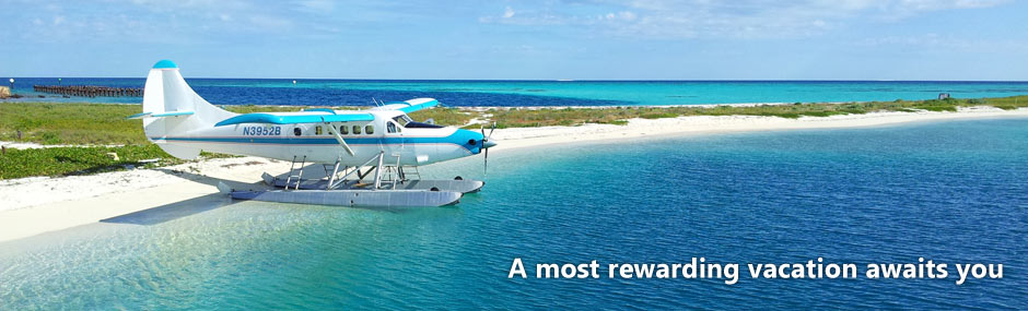 Seaplane parked on the sandy beach of the Dry Tortugas