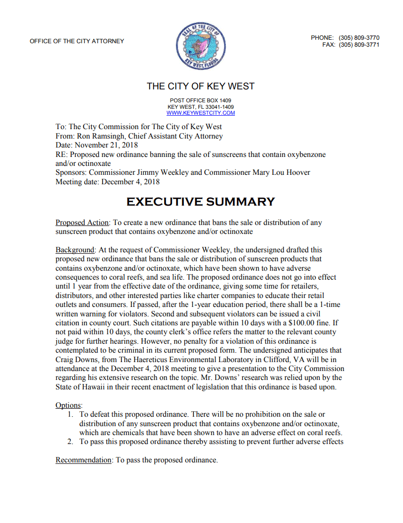 Executive summary of ordinance City of Key West was debating over sunscreen ban