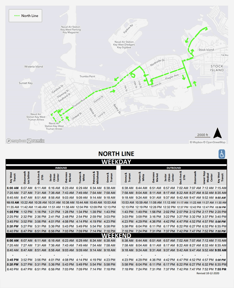 North Line bus map and schedule for Key West, Florida
