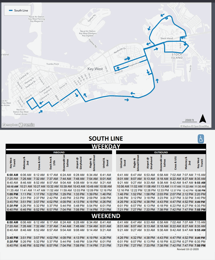 South Line bus map and schedule for the City of Key West, Florida